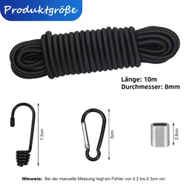 suruikei Rubber Cord 8 mm 10 m Black, Elastic Expander Rope, Rubber Cord, Rubber Cord, Rubber Band, Tarpaulin Rope, Tension Rope with Hooks, Accessories, DIY (Black, 8 mm x 10 m)