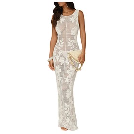 WDIRARA Women's Floral Crochet Sheer Cover Up Maxi Beach Dress Hollow Out Sleeveless Coverups White Small