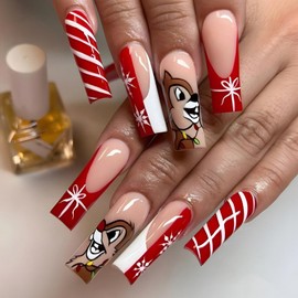 Christmas Press on Nails Long Square Fake Nails Red French Glue On Nails Snowflake Gifts Stick on Nails Swirl Pine Mouse False Nails Glossy Reusable Winter Xmas Nails for Women Girls Manicure 24pcs