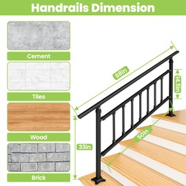 SJPULMO Hand Rails for Outdoor Steps,5 Step Stair Handrail, 68" x 33" Fits 4 to 5 Steps, Outdoor Handrail, Matte Black Stair Railings for Outdoor Steps for Porch Deck, Hand Rails for Seniors