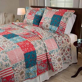 HNU 2 Piece Floral Patchwork Quilt Set Twin, Classic Stripe Flowers Paisley Scroll Print Multi Color Beautiful Decorative Lightweight Cozy Comfy Bedding