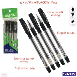 SUPRA Curve Smooth Writing Gel Pens Soft Rubber Grip Office School Home Mixed Pack (5 x 0.7mm Fine Point BLACK Gel Pens + 1 x ZOFAX Gelo Gel BLACK Pen)