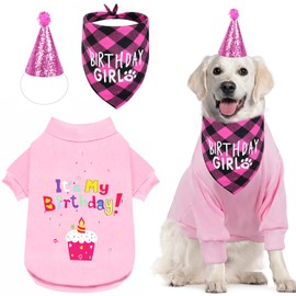 GreenJoy Dog Birthday Party Outfit Decoration Set Supplies - Birthday Bandana, Sweater & Party Hat Gift for Small, Medium & Extra Large Dogs Girl and Boy (X-Large, Birthday Pink)