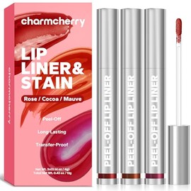 CharmCherry Lip Stain Peel Off (3 Count), Long Lasting Peel Off Lip Liner, Waterproof & Transfer-Proof Tattoo Lip Tint, Non-Drying, Smudge Proof, Matte Finish for All Skin Types (Rose/Cocoa/Mauve)
