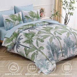 WONGS BEDDING Botanical Comforter Set King, 7 Pieces Blue Palm Tree Bed in a Bag, Reversiable Soft Microfiber Coastal Beach Bedding with Comforter, Flat Sheet, Fitted Sheet, Pillow Shams & Pillowcases
