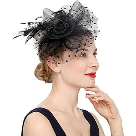 QIYIFAN Women's Feather Mesh Flower Fascinator with Headband and Clip Wedding Tea Party Kentucky Derby Fascinator Hats for Ladies Black