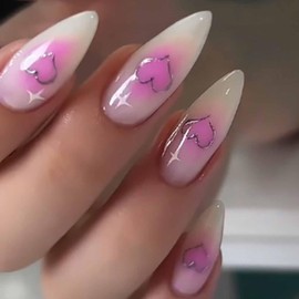 LBPEPAMZ 24Pcs Valentine's Day Press on Nails Medium Almond Fake Nails with Gradient Blush Design Silver Heart Star Acrylic Nails False Nails Milk White Solid Color Full Cover Stick on Nails for Women