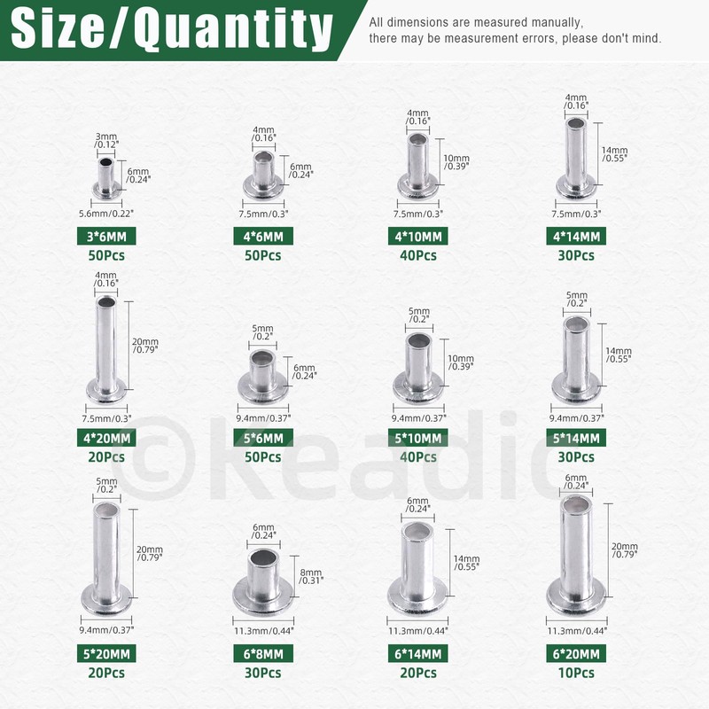 Keadic 390Pcs M4 M5 M6 Aluminum Flat Head Semi-Tubular Rivets
