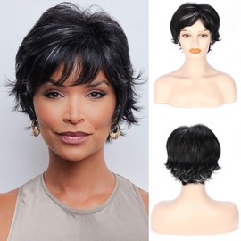 Pixie Cut Wig Short Pixie Cut Wigs for Black Women Glueless pixie Wig Layered None Lace Front Wig with Side Part Bangs Natural Straight Full Machine Made Wig (1B/60)