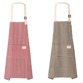 YSDINK 2 Pack Unisex Stripe Apron with Adjustable Straps, Cotton Canvas Apron with 2 Pockets for Cooking, Baking, BBQ, Gardening, and Home Cleaning, Ideal for Chefs and Home Enthusiasts (Red&Coffee)