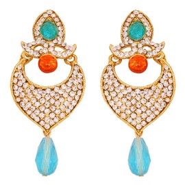 Touchstone Indian Bollywood Traditional Handcrafted Faux Blue Orange Quartz Long Chand Bali Designer Crystal Jewelry Colorful Long Earrings Jhumki In Antique Gold Tone For Women.