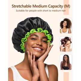 mikimini Black Shower Cap 1 Pack, Reusable, Double Layers Waterproof Bathing Shower Hat with Soft Comfortable PEVA Lining, non-fading, Stretchy Shower Cap for Women, Men & Girls