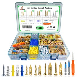 660pcs Self-Drywall Drilling Anchors with Screws, 5 Different Expansion Sizes Screw Set, Zinc Plated Steel Dry Wall Screws no Drilling Required, Easy to Install