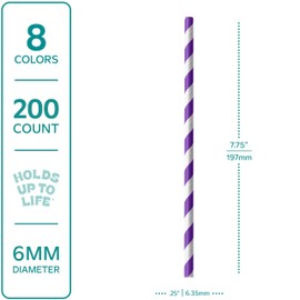 GUSTO [200 Pack] Striped Paper Drinking Straws – Sturdy & Non-Soggy – 100% Biodegradable, Food-Safe Ink, and Multi-Layered for Long-Lasting Use – Vibrant Assorted Colors (Formerly Comfy Package)