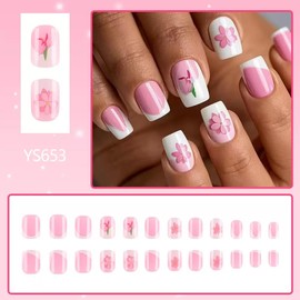 Square Press on Nails Short Fake Nails Pink False Nails White French Tip False Nails with Floral Patterns Design Glue on Nails Summer Full Cover Stick on Nails for Women Manicure 24Pcs