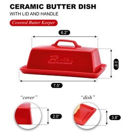 Bruntmor Ceramic Butter Dish With Lid. Butter Holder/ Tray/ Storage With Lid And Handle. Porcelain Butter Keeper For Countertop. Butter Dish With Cover in Red Color.