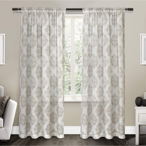 Exclusive Home Curtains Nagano Medallion Belgian Linen Window Curtain Panel Pair with Rod Pocket, 54x96, Taupe, 2 Count