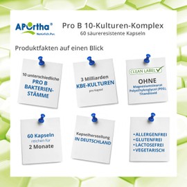 APOrtha® Pro B 10 cultures - 60 gastric juice-stable capsules, 3 billion CFU cultures per daily dose, allergen-free, gluten-free, lactose-free, vegetarian without additives