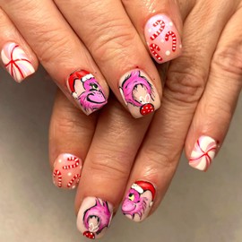 24 Pcs Christmas Press on Nails Short Square Pink Fake Nails with Xmas Gift Candy Design Cute Monster False Nails Winter Glossy Xmas Full Cover Artificial Glue on Nails for Women Holiday Nails Art DIY