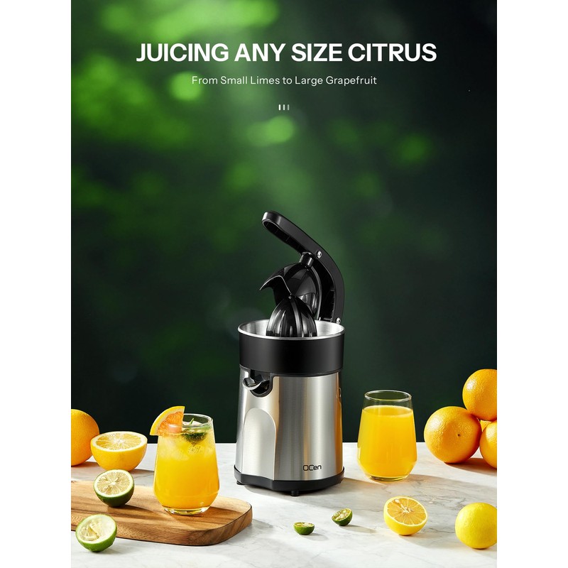 Professional Brushed Stainless Steel Electric Citrus Juicer, 2 Interchangeable Cones