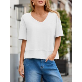 Cicy Bell Womens Summer V Neck T Shirts Casual Short Sleeve Flowy Tops Cute Loose Fit Basic Tees White