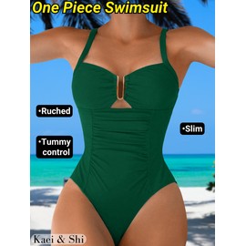 Kaei&Shi One Piece Swimsuit Women Tummy Control,Bathing Suit,Slimming Ruched Corset Cheeky Swimsuits U Metal Green Small
