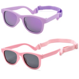 COASION 2 Pack Bendable Flexible Polarized Newborn Baby Sunglasses with Strap for Infant Boys Girls Age 0-12 Months (Matte Pink/Gray+Purple/Purple Mirror)