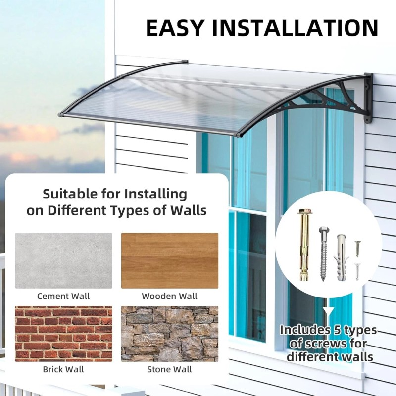 GUANSU-CN 32"x 60" Window Awning Door Canopy Outdoor Polycarbonate Hollow