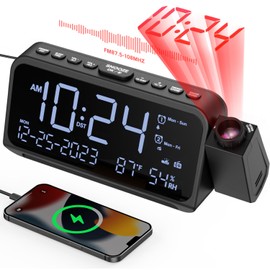ROCAM Clock Radio with Projection, Digital Clock Projector Shines on Ceiling with Calendar/Date, Bedside Radio Alarm Clock with Temperature/Humidity, Adjustable Brightness, USB & Type-C Port