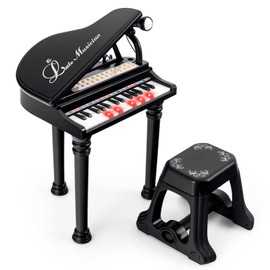Costzon Kids Piano, 31 Key Mini Grand Piano Toy Keyboard with Microphone, Stool & Lights, Portable Electronic Piano Educational Musical Instrument Toy, Birthday Gift for Toddler Boys Girls (Black)