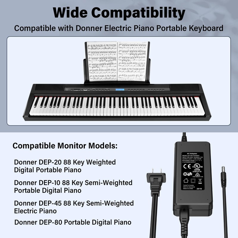 12V Charger Adapter for Donner 88 Key Keyboard Piano DEP-10