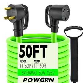 50FT 30 Amp RV Extension Cord Outdoor with Grip Handle, Flexible Heavy Duty 10/3 Gauge STW 3 Prong RV Power Cord with Cable Organizer, NEMA TT-30P to TT-30R, ETL Listed