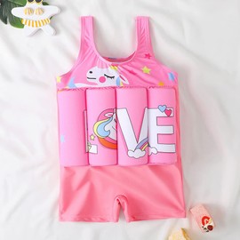 AFAVOM Floatation Swimsuits with Adjustable Buoyancy for Toddler Kids Baby Boys Girls Float Suit Floating Swimwear Bathing Suit Swim Vest with 8 Removable Buoyancy Sticks Pink Unicorn 2-3 Years