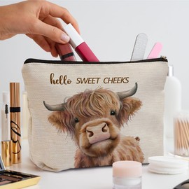 HIWERAN 3pcs Highland Cow Gifts Set for Cow Lover, Highland Cow Makeup Bag & Glass Cup 16oz & Card Gifts for Cow Lover, Highland Cow Gifts, Funny Birthday, Christmas Gifts for Women, Cow Lover Gifts