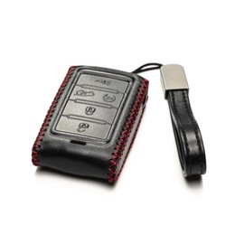 Vitodeco Genuine Leather Smart Key Fob Case Compatible with Jeep Wagoneer, Jeep Grand Wagoneer, Jeep Grand Cherokee 2022-2025 (5-Button, Black/Red)