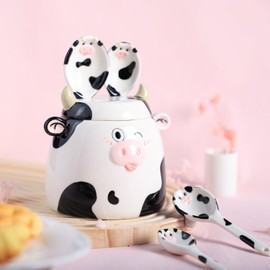 Sizikato 4pcs Porcelain Measuring Spoons with Base, Cow Shaped Ceramic Measuring Spoon Set