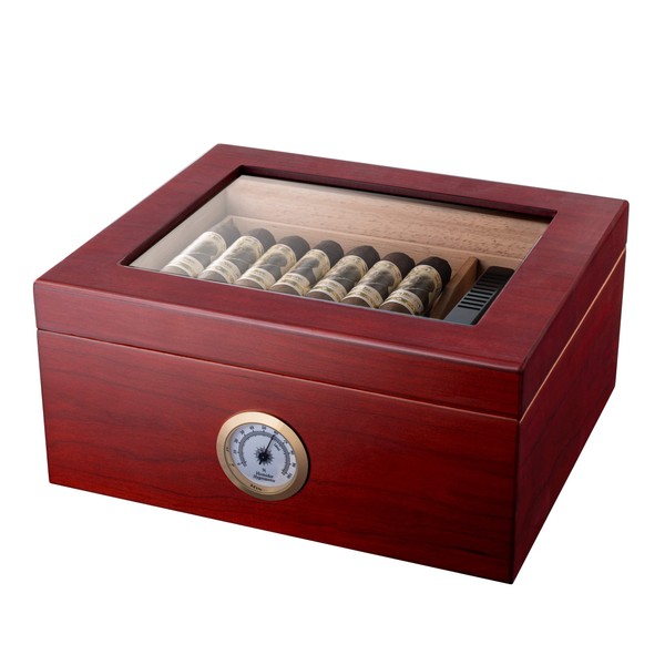 Mantello Cigars Glass Top Cigar Humidors - Humidor Cigar Box with Humidifier, Spanish Cedar Tray, Divider, and Hygrometer - Gifts for Men, Holds 25 to 50 Cigars