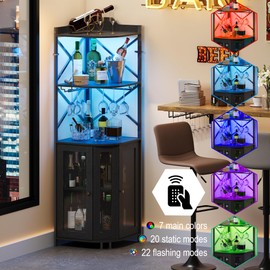 JKsmart Corner Bar Cabinet with LED Lights, 5-Tier Industrial Wine Bar Cabinet with Glass Holder, Farmhouse Liquor Cabinets with Shelf and Door, Home Bar for Coffee Bars, Black