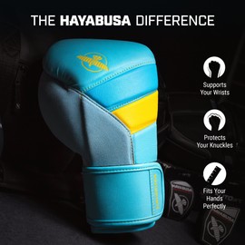 Hayabusa T3 Boxing Gloves for Men and Women Wrist and Knuckle Protection, Dual-X Hook and Loop Closure, Splinted Wrist Support, 5 Layer Foam Knuckle Padding - Blue/Yellow, 16oz