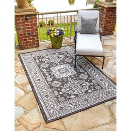 Unique Loom Outdoor Aztec Collection Area Rug - Chalca (9' x 12' Rectangle, Charcoal Gray/ Ivory)