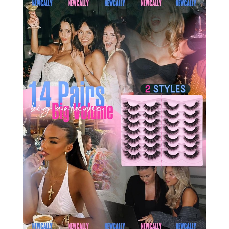 Newcally False Eyelashes Fluffy Wispy Faux Mink Lashes 8D Volume