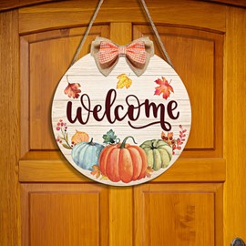Thanksgiving Door Sign Fall Welcome Sign Autumn Pumpkin Wood Door Sign Rustic Round Welcome Door Hanging Sign for Fall Thanksgiving Harvest Front Door Porch Wall Home Indoor Outdoor Decor, 12 Inch