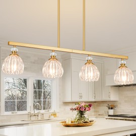 Rainzepher Gold Island Light for Kitchen, 4-Light Linear Chandelier for Kitchen Island with Tulip Glass Shades, Brushed Gold Finish Hanging Light Pendant Fixture Over Dining Table