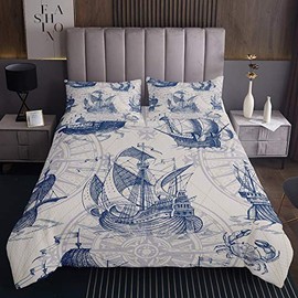 Erosebridal Nautical Decor Coverlet Set Sailboat Quilt Set Queen Size Blue Vintage Sketch Style Artwork Bedspreads with Ocean Fisherman Compass Print Microfiber Bedding for Kids Boys Girls Room Decor