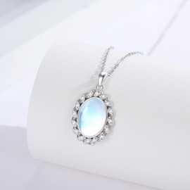 ABIGY Moonstone Necklace 925 Sterling Silver Women's Moonstone Pendant Necklace Oval is Suitable Moonstone Necklace for Women, Sterling Silver, Moonstone