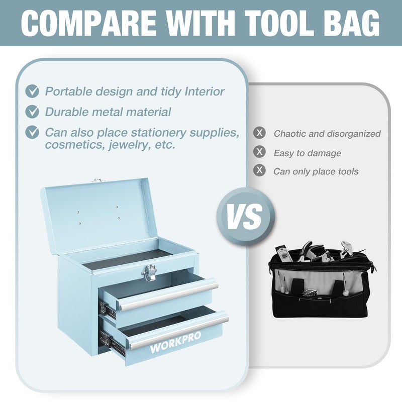 WORKPRO Portable Mini Tool Box, 2 Drawers Metal Tool Chest