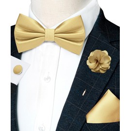 RBOCOTT Champagne Gold Bow Tie for Men Silk Bowtie and Pocket Square with Lapel Pin Cufflinks Set (4)