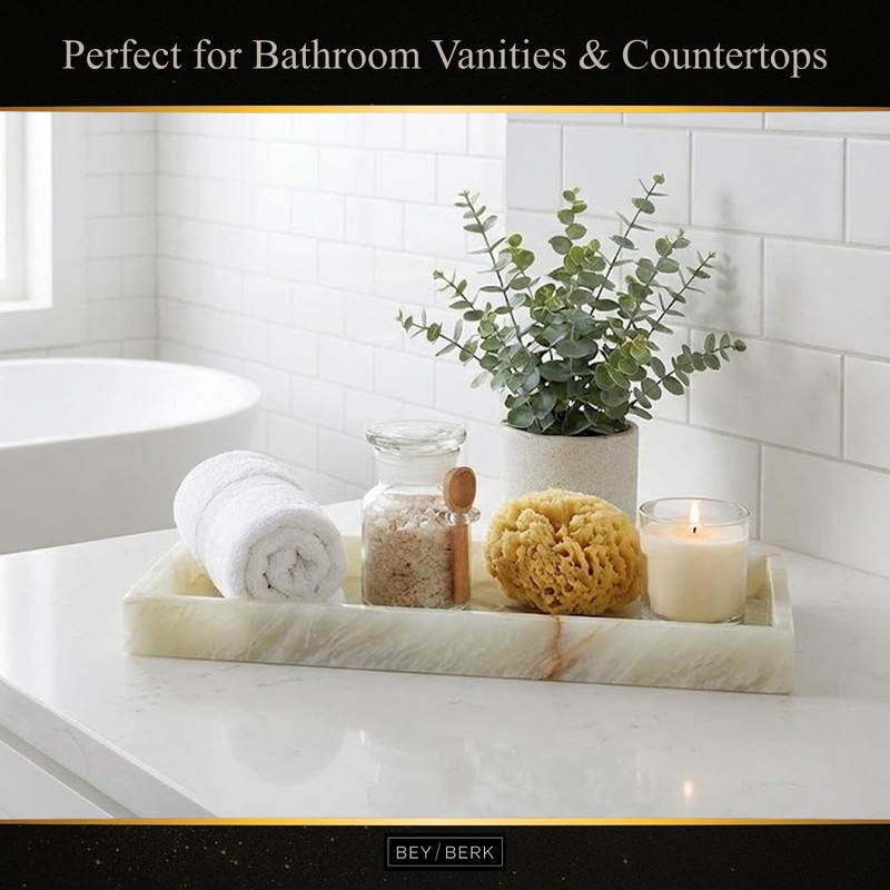 Bey-Berk International Green Onyx Marble Bath Tray, White & Tan