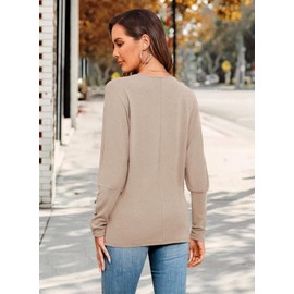 MIHOLL Long Sleeve Tops for Women 2024 Causal Lace Trim V Neck Shirts Loose Button Cuff Blouse Tops (Oatmeal,Medium)