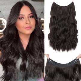 Sleekalon Invisible Wire Hair Extensions 20 Inch Long Wavy Synthetic Secret Wire Hairpieces with Transparent Wire Headband Hairpieces Adjustable Size 4 Secure Clips for Women Dark Brown